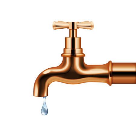 Robinet d'eau en cuivre avec objet isolé réaliste de gouttes d'eau en illustration vectorielle de style rétro isolé Banque d'images