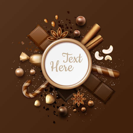Vector chocolate flat lay frame with ball candies, cinnamon sticks, star anise, nuts, sweets in glossy wrapper, striped lollipops and place for text or copyspace close up top view