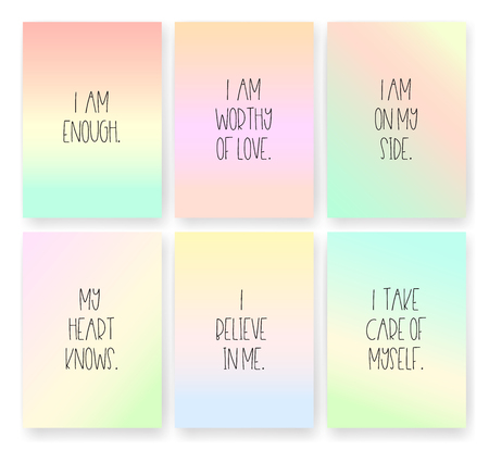 Good vibes, affirmations cards of self love on rainbow coloured backgrounds - 119258580