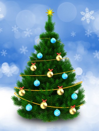3d illustration of dark green christmas tree with blue balls over snow background stock illustration - Green Christmas Tree With Blue Decorations 3d illustration of dark green christmas tree with blue balls over snow background stock illustration - Green Christmas Tree With Blue Decorations
