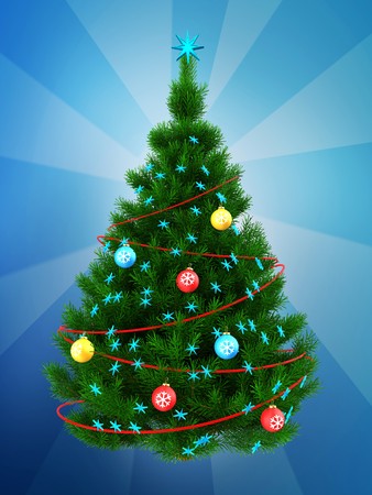 3d illustration of dark green christmas tree with red decorations over blue background stock illustration - Green Christmas Tree With Blue Decorations 3d illustration of dark green christmas tree with red decorations over blue background stock illustration - Green Christmas Tree With Blue Decorations