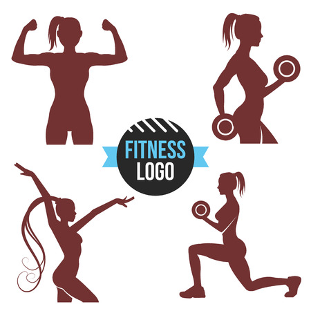 Fitness logo set. Elegant women silhouettes. Fitness club fitness exercises concept