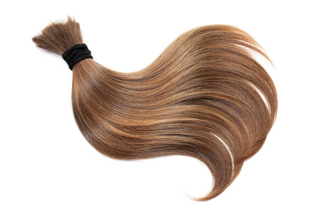Curl of natural brown hair, isolated on white background. ponytail close up