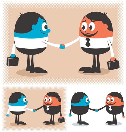 Two cartoon characters handshaking. below are 2 additional versions of the illustration. no transparency and gradients used.