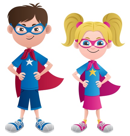 Illustration of 2 super kids: super boy and super girl. no transparency used. basic (linear) gradients. Stock Photo