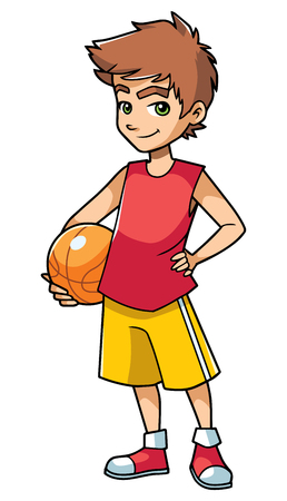 Full length illustration of a cute and active boy holding a basketball while wearing cool summer clothing outdoors against white background for copy space