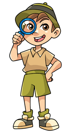 Ilustração dos desenhos animados do pequeno explorador feliz com lupa.