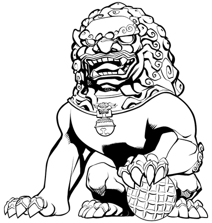 Mão-extraídas ilustração de leão chinês em preto e branco.