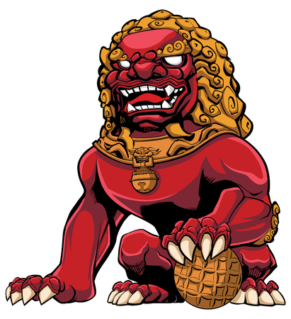 Hand drawn illustration of red Chinese lion. Banco de Imagens