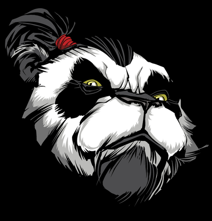 Hand drawn illustration of proud panda warrior on black background.