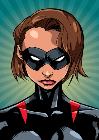 Ilustração em quadrinhos do retrato de uma poderosa super-heroína mascarada, olhando para a câmera com uma expressão facial dura no fundo abstrato.