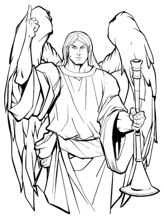Retrato artístico de linha do Arcanjo Gabriel elogiando o Senhor e segurando uma trombeta.