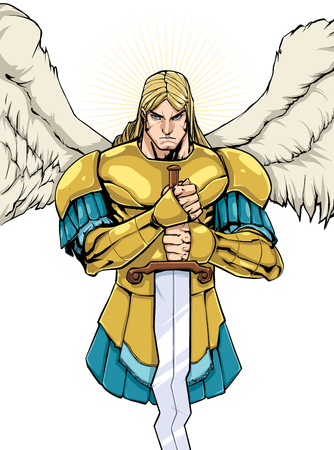 Full color illustration of Archangel Michael holding his sword.