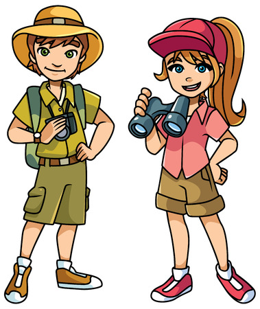 Cartoon illustration of 2 happy young explorers ready for their next adventure and isolated on white background.