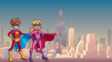 Illustration of superhero children smiling happy while wearing capes against city background for copy space.