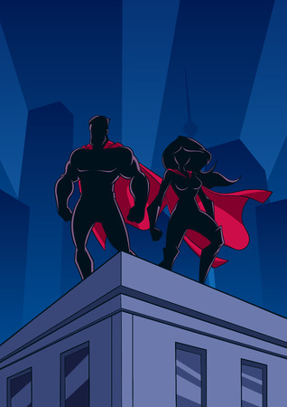 Superhero couple watching over the city from the roof of a tall building at night.