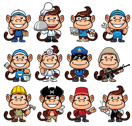 Cartoon monkey in 12 poses for different occupations and isolated on white background. Banco de Imagens