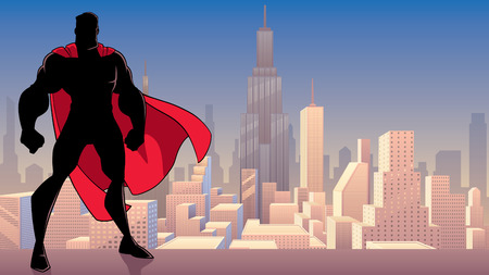 Silhouette of superhero standing tall on city background with copy space.