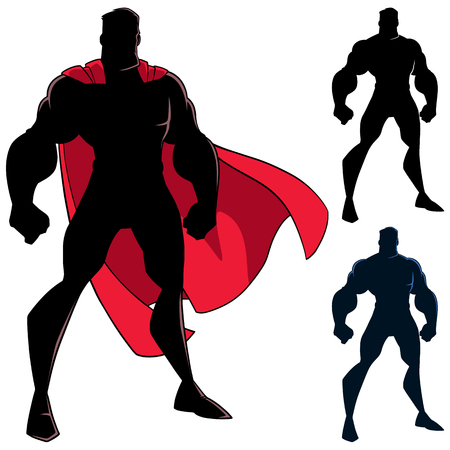 Smiling superhero standing tall on white background. 3 different versions.