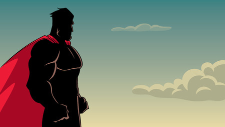 Side view silhouette illustration of a powerful and determined superhero with red cape looking forward ready for action on sky background for copy space.