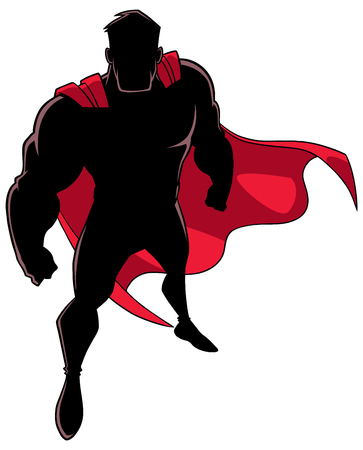 High-angle silhouette illustration of powerful and determined man wearing superhero costume during courageous intervention against white background for copy space. Banco de Imagens