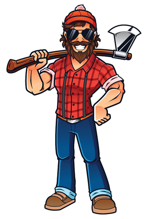 Mascot illustration of smiling lumberjack, standing and holding his axe.