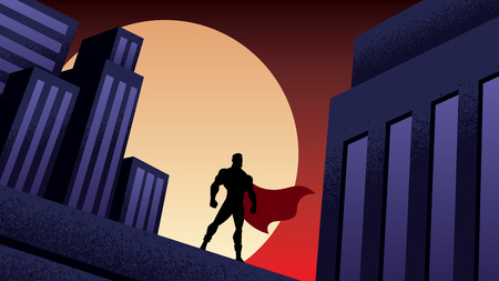 Superhero watching over the city from the roof of a tall building at night.