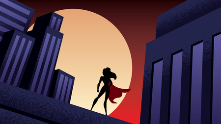 Superheroine watching over the city from the roof of a tall building at night. Banco de Imagens