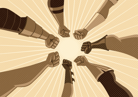 Conceptual illustration depicting team of superheroes assembling against common enemy. Banco de Imagens