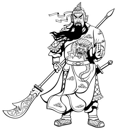 Vector line art illustration of the legendary Chinese general Guan Yu. Banco de Imagens