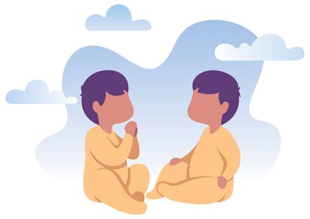 Flat design illustration of happy baby twins playing together. Banco de Imagens