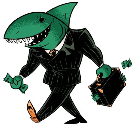 Concept illustration with cartoon business shark holding briefcase.