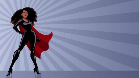 Full length illustration of determined and powerful black superheroine wearing red cape while standing tall against abstract ray light background. Banco de Imagens