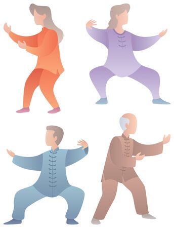 Set of 4 flat design senior characters practicing qigong or tai chi. Banco de Imagens