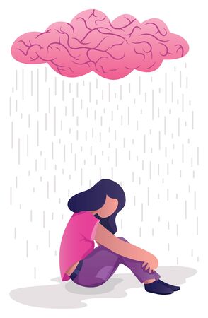 Conceptual flat design illustration for depression, depicting woman, sitting on the ground with human brain shaped like rain cloud above her.