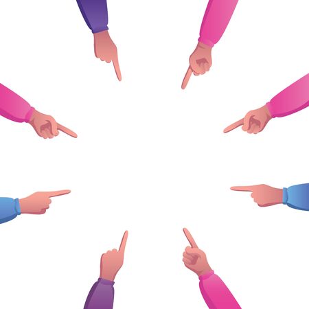 Conceptual flat design illustration with hands pointing to the center of a circle. Banco de Imagens