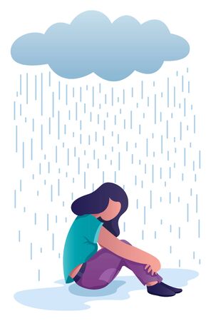 Conceptual flat design illustration for depression, depicting woman, sitting on the ground with dark cloud above her. Banco de Imagens