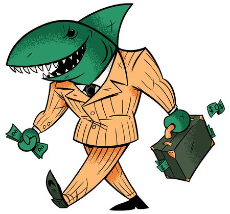 Concept illustration with cartoon business shark holding briefcase.