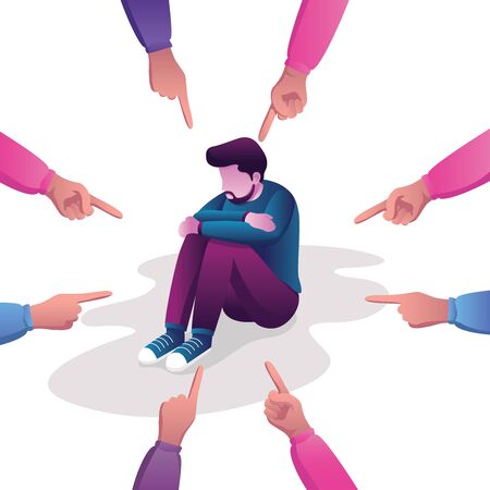 Conceptual flat design illustration for guilt, victim, blaming, public disapproval, humiliation and abjection, depicting sad man surrounded by hands with index fingers pointing at him.