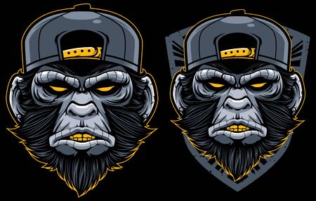 Cool Monkey Mascot. Angry Chimp Head In Baseball Cap Vector Illustration. Dangerous Mammal Badge. Ape Sticker, Patch. Gorilla Face Label, Emblem. Wild Animal Old School Tattoo Design