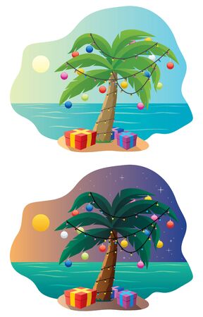 Tropical Christmas tree. Decorated exotic New Year palm flat vector illustrations set. Festive presents and gift boxes on sand beach isolated on white background. Xmas baubles hanging on leaves.