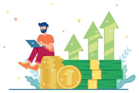Flat design illustration with male character sitting on a pile of money and working on his online business.