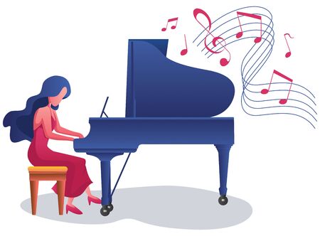 Beautiful girl playing the piano on white background. Banco de Imagens