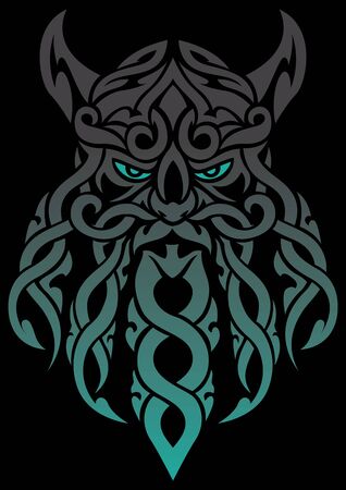Cartoon mascot or logo with Celtic tangle face mascot of an old druid or Viking.