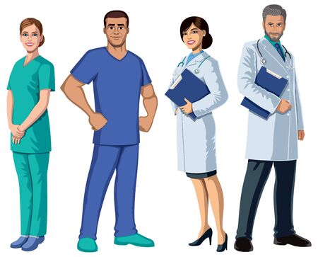 Set with health care workers on white background.