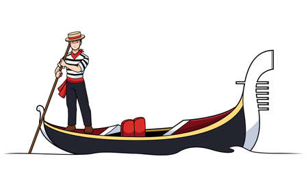 Cartoon illustration with gondolier paddling gondola along Venetian channel. Banco de Imagens