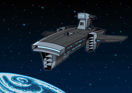 Space dreadnought prepares for planetary siege and bombardment. Deep space exploration vessel arrives in unknown solar system. Cartoon sci-fi vector adventure.