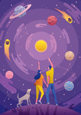 Conceptual illustration for astronomy or astrology, depicting young couple and their dog, looking at the night sky. Banco de Imagens