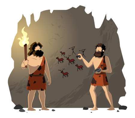 Cartoon illustration of cavemen drawing cave paintings. Banco de Imagens