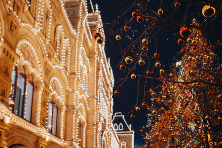 shopping mall gum illuminated at night moscow russia christmas winter decorated stock photo - Russia Christmas shopping mall gum illuminated at night moscow russia christmas winter decorated stock photo - Russia Christmas